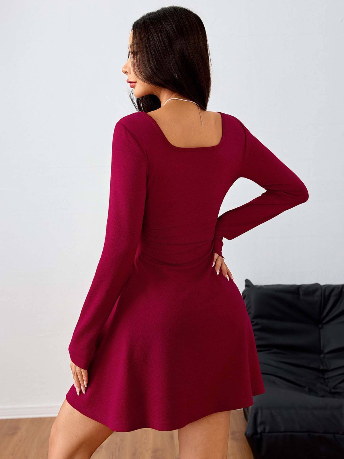 Wine Full Sleeve Square Neck Dress | D56 - view 2