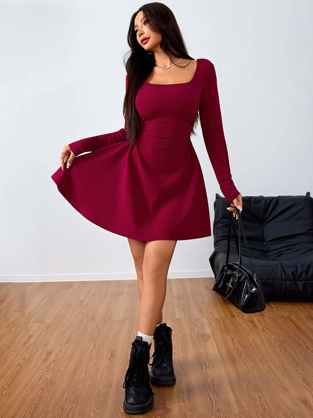 Wine Full Sleeve Square Neck Dress | D56 - view 3