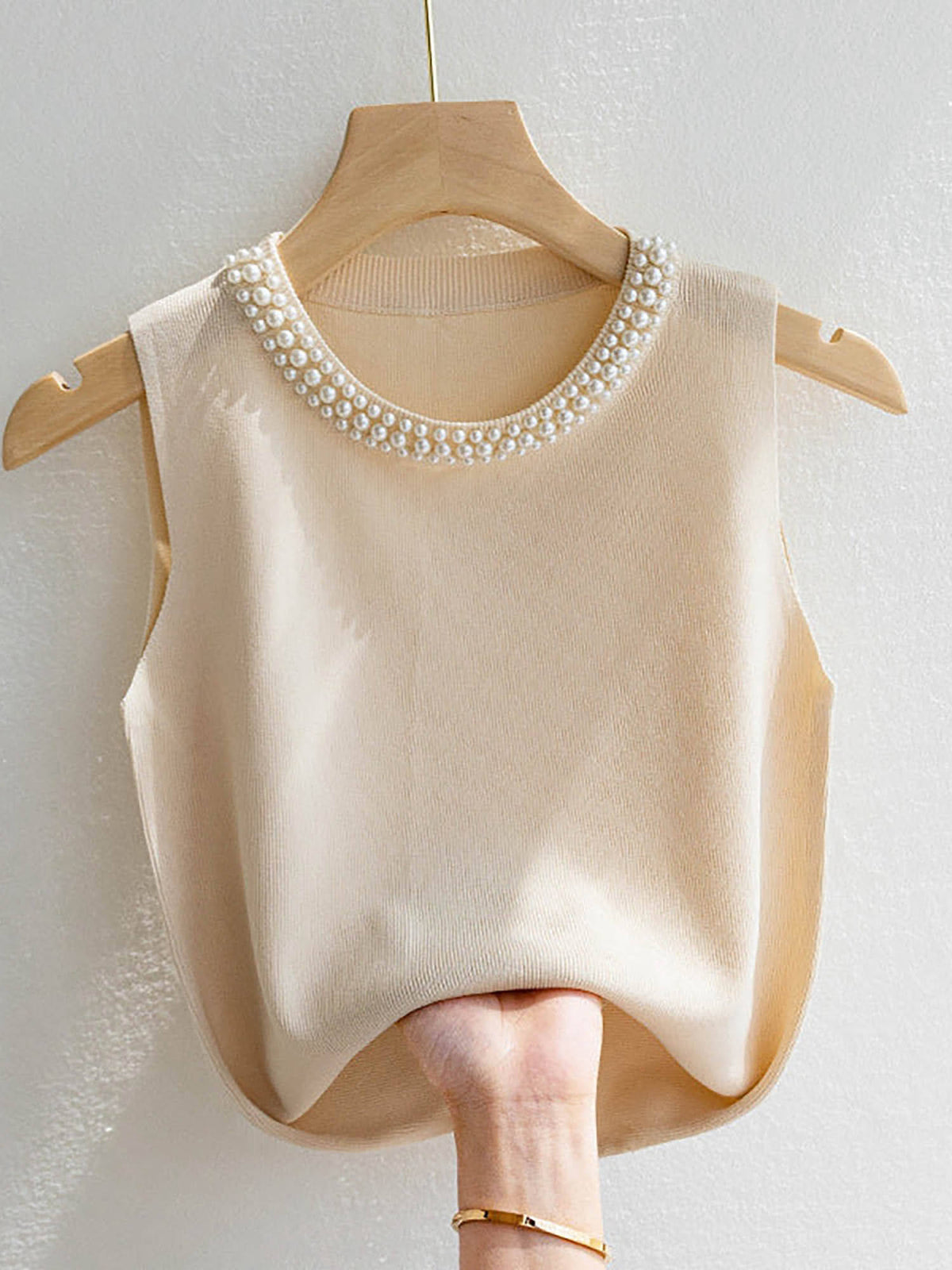 Cream Pearl Studded Tank Top | TT98 - view 1