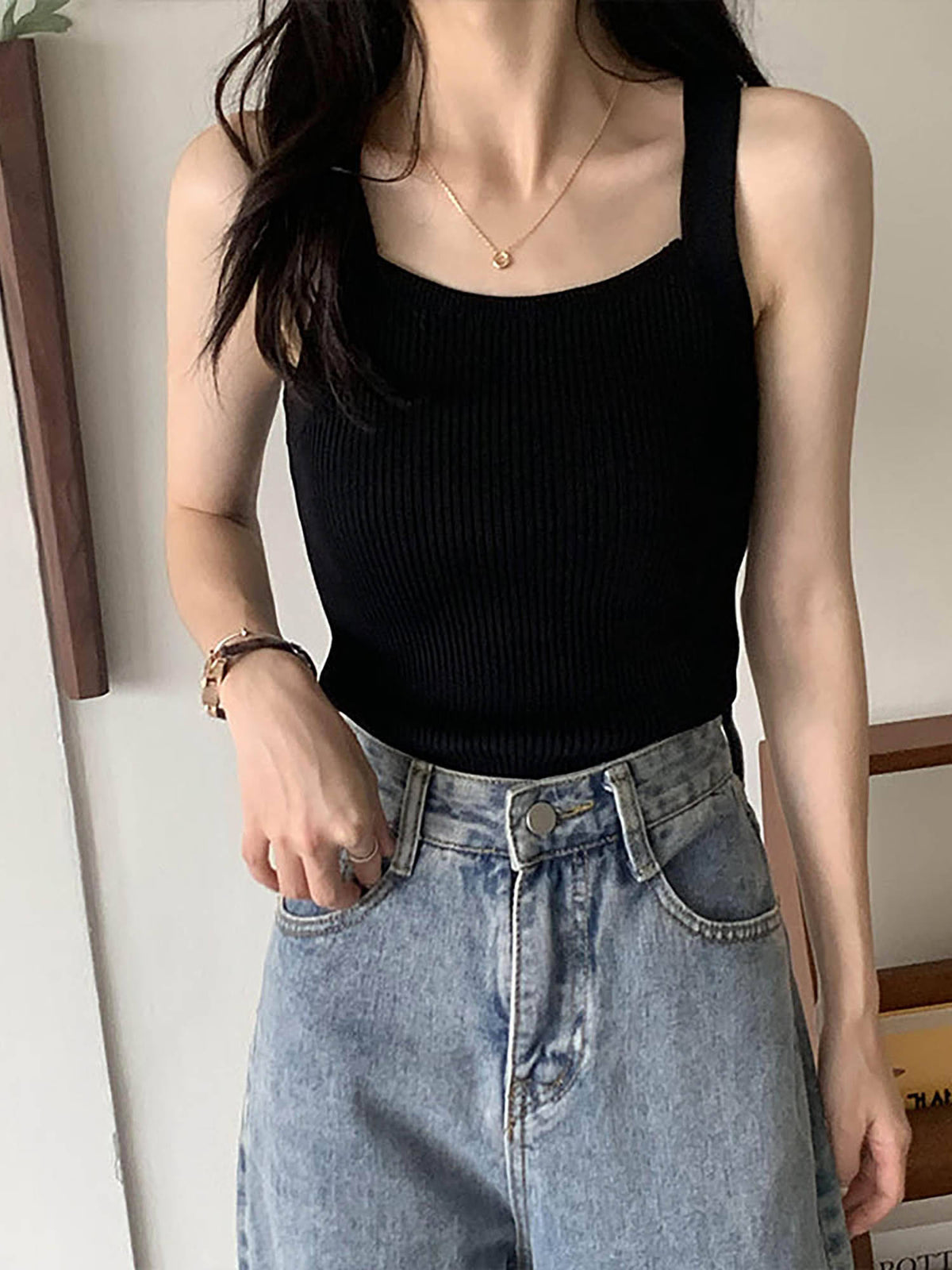Black Square Neck Flat Tank Top | TT98 - view 1