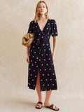 Navy Blue Short Sleeve V Neck Front Slit Dress | D56 - view 1