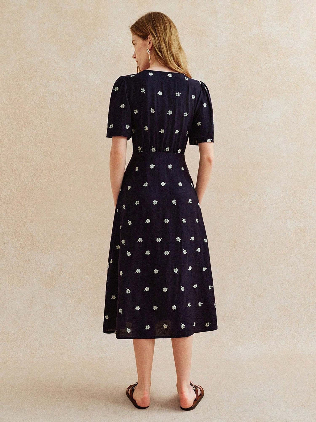 Navy Blue Short Sleeve V Neck Front Slit Dress | D56 - view 2