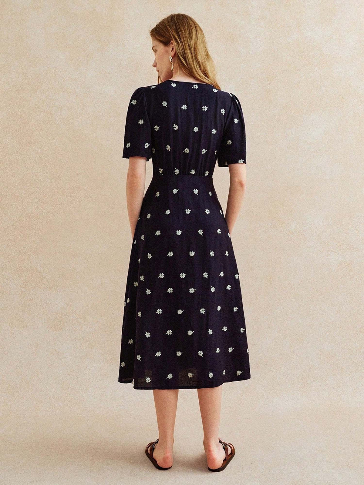 Navy Blue Short Sleeve V Neck Front Slit Dress | D56 - view 2