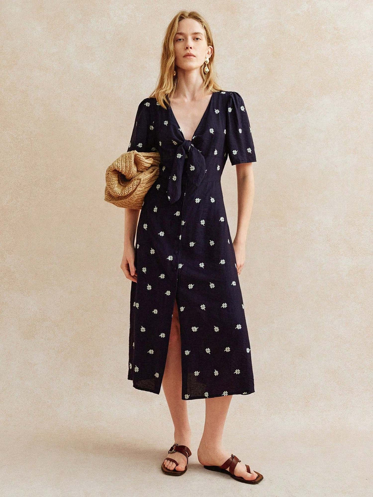 Navy Blue Short Sleeve V Neck Front Slit Dress | D56 - view 3