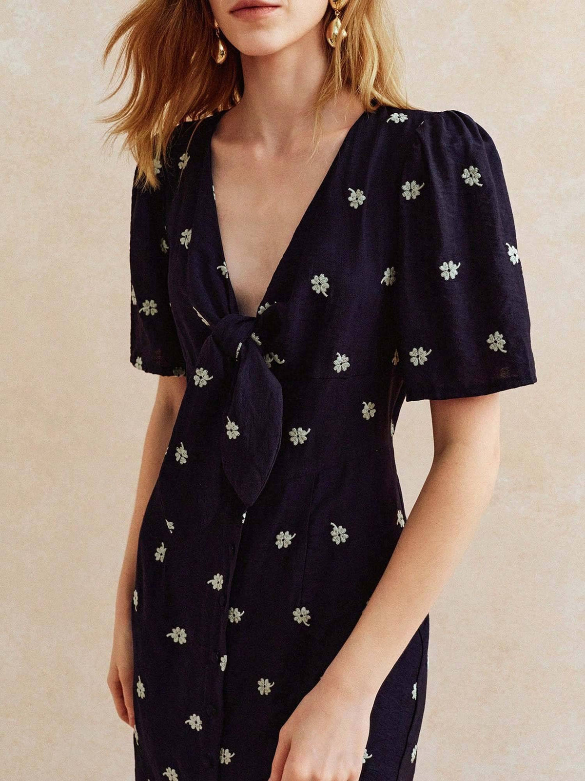 Navy Blue Short Sleeve V Neck Front Slit Dress | D56 - view 5