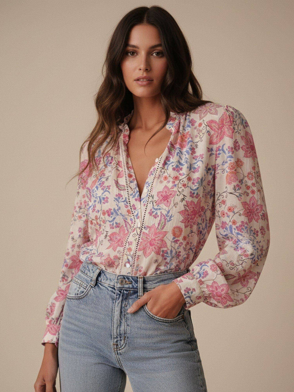 Multi Mandarin Collared Floral Printed Blouse - Multi-Color | S67 - view 1