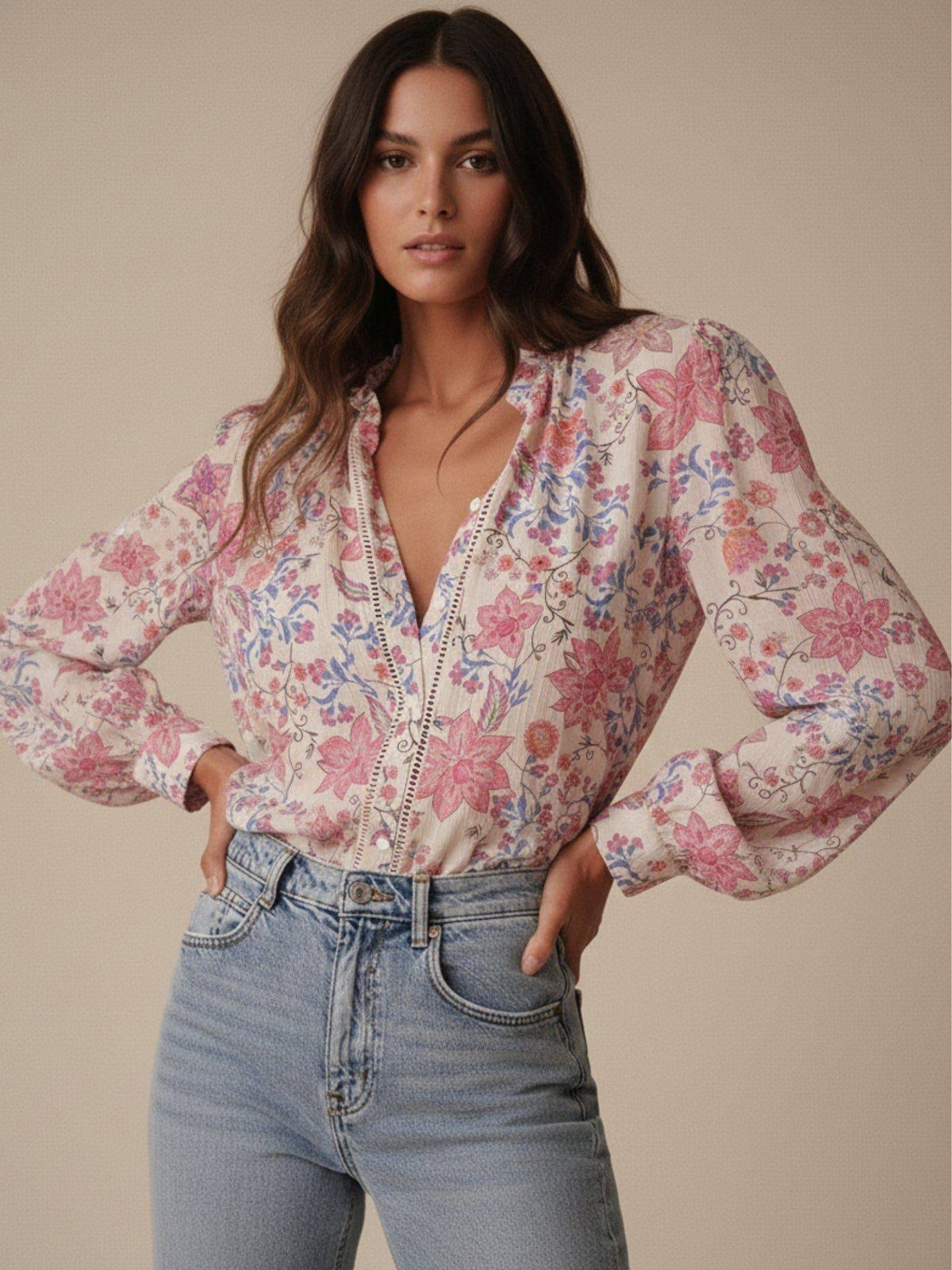 Multi Mandarin Collared Floral Printed Blouse - Multi-Color | S67 - view 2