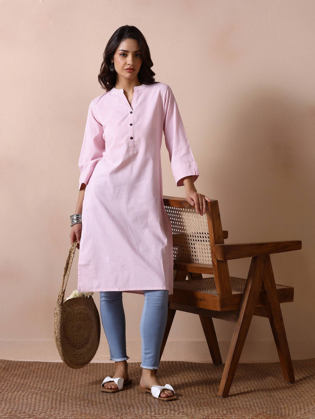 Women Poly Cotton Pink Yarn Dyed Striped Straight Kurta | KDG - view 1