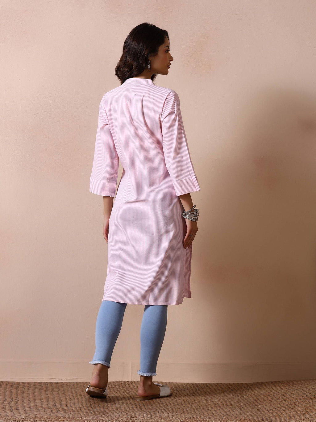 Women Poly Cotton Pink Yarn Dyed Striped Straight Kurta | FY93 - view 2