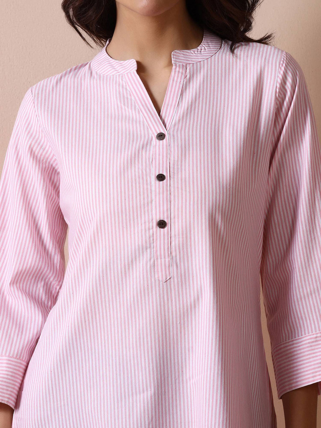 Women Poly Cotton Pink Yarn Dyed Striped Straight Kurta | KDG - view 4