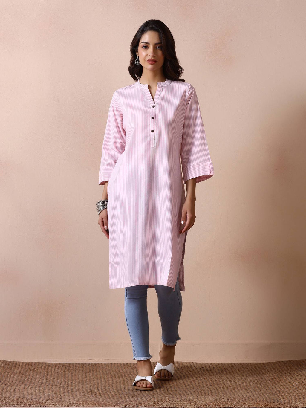 Women Poly Cotton Pink Yarn Dyed Striped Straight Kurta | KDG - view 5