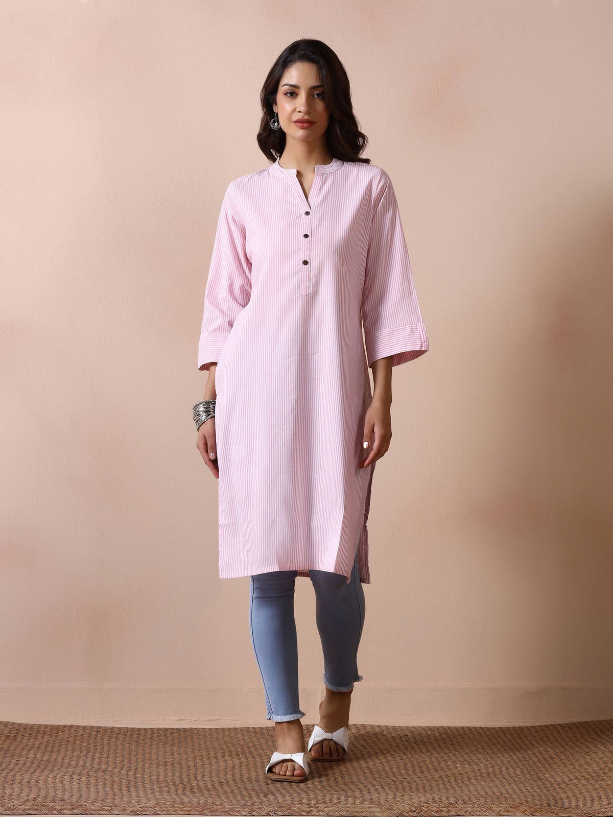 Women Poly Cotton Pink Yarn Dyed Striped Straight Kurta | KDG - view 5