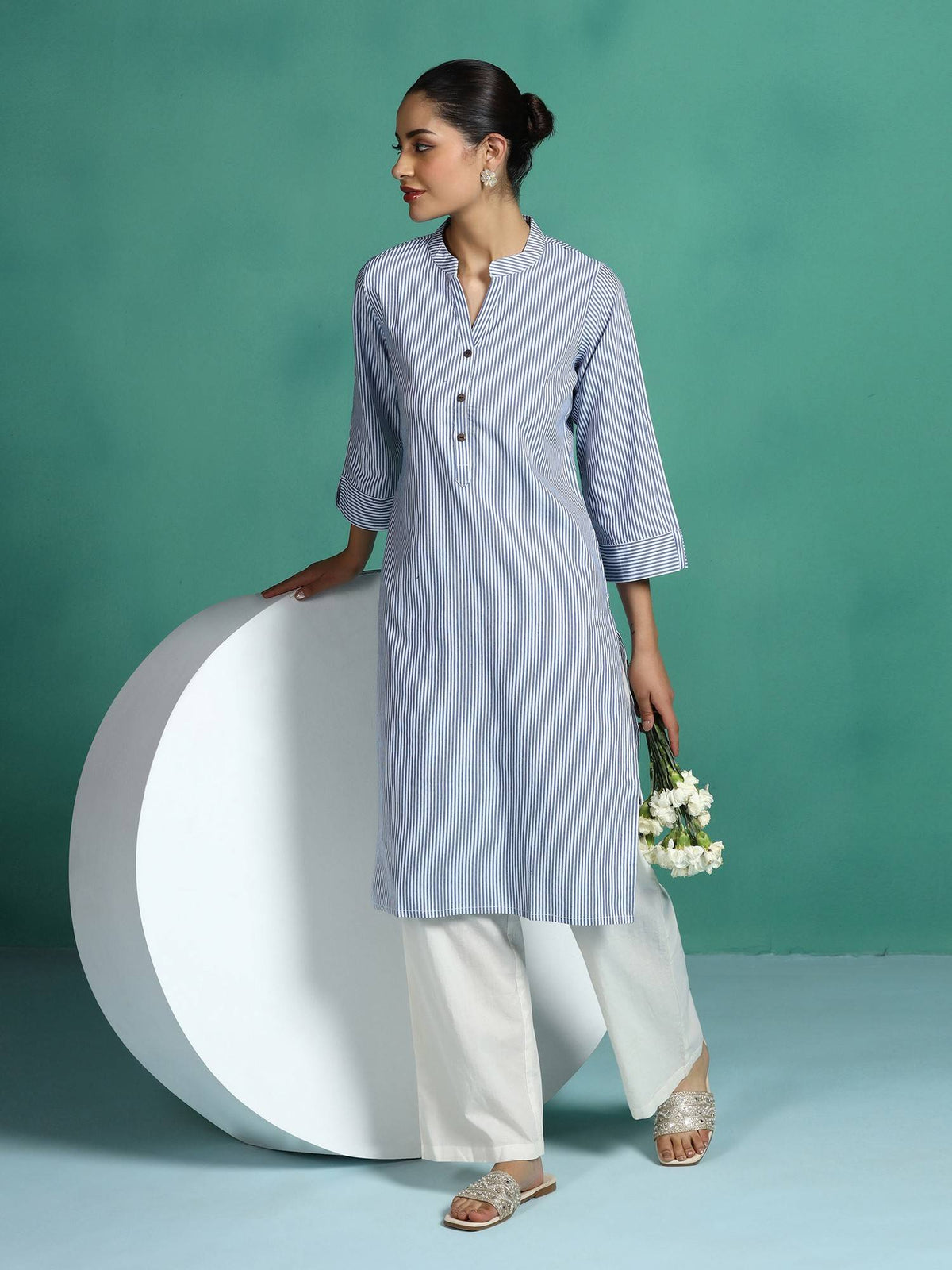 Women Poly Cotton Pink Yarn Dyed Striped Straight Kurta | KDG - view 6