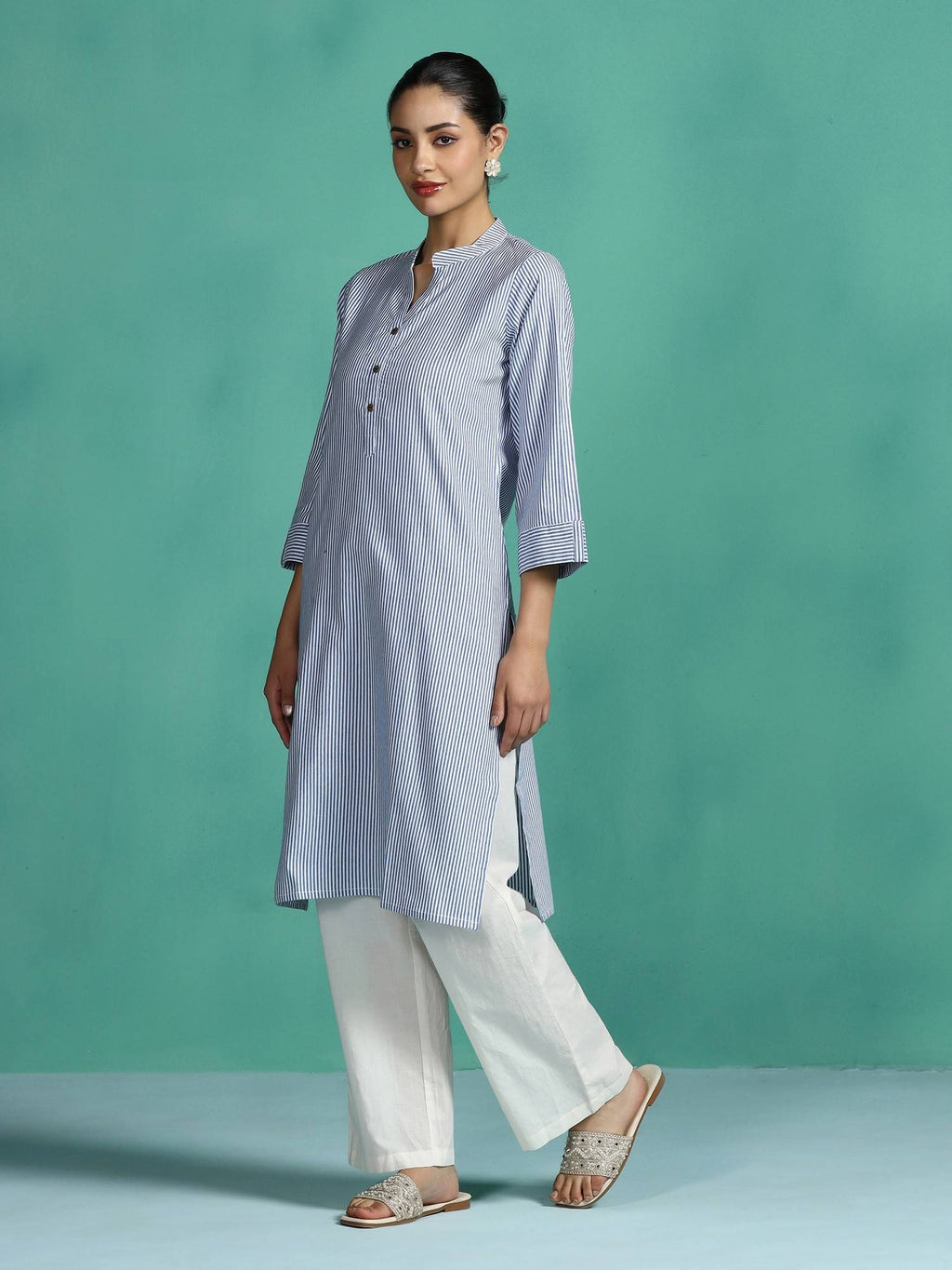 Women Poly Cotton Pink Yarn Dyed Striped Straight Kurta | KDG - view 8
