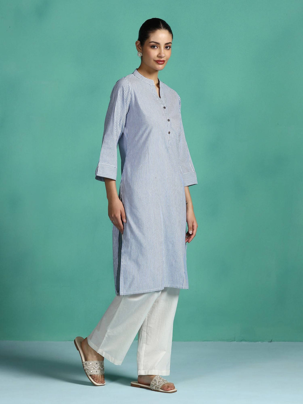 Women Poly Cotton Pink Yarn Dyed Striped Straight Kurta | KDG - view 9