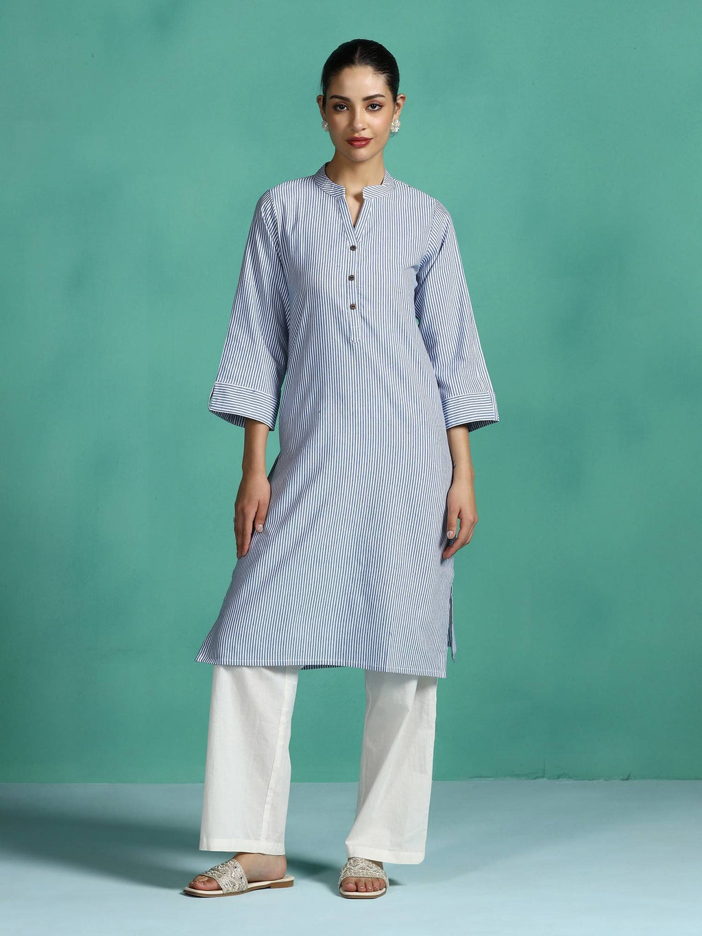 Women Poly Cotton Pink Yarn Dyed Striped Straight Kurta | KDG - view 11