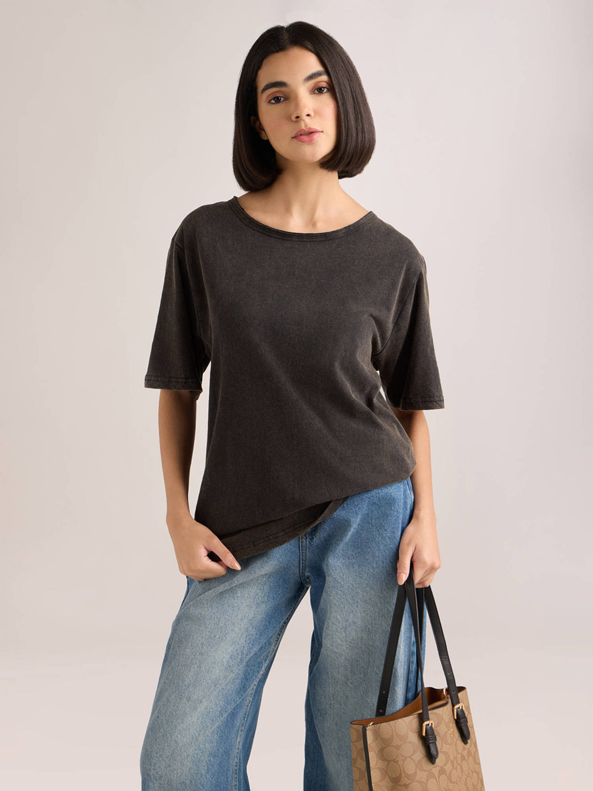 Women's Brown Solid Oversized Slub Jersey Acid Washed Boat Neck T-shirt | TS56 - view 15