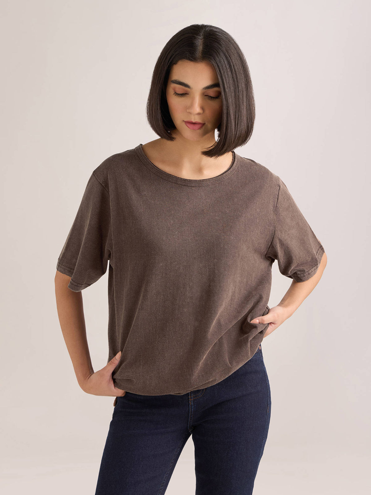 Women's Brown Solid Oversized Slub Jersey Acid Washed Boat Neck T-shirt | TS56 - view 1