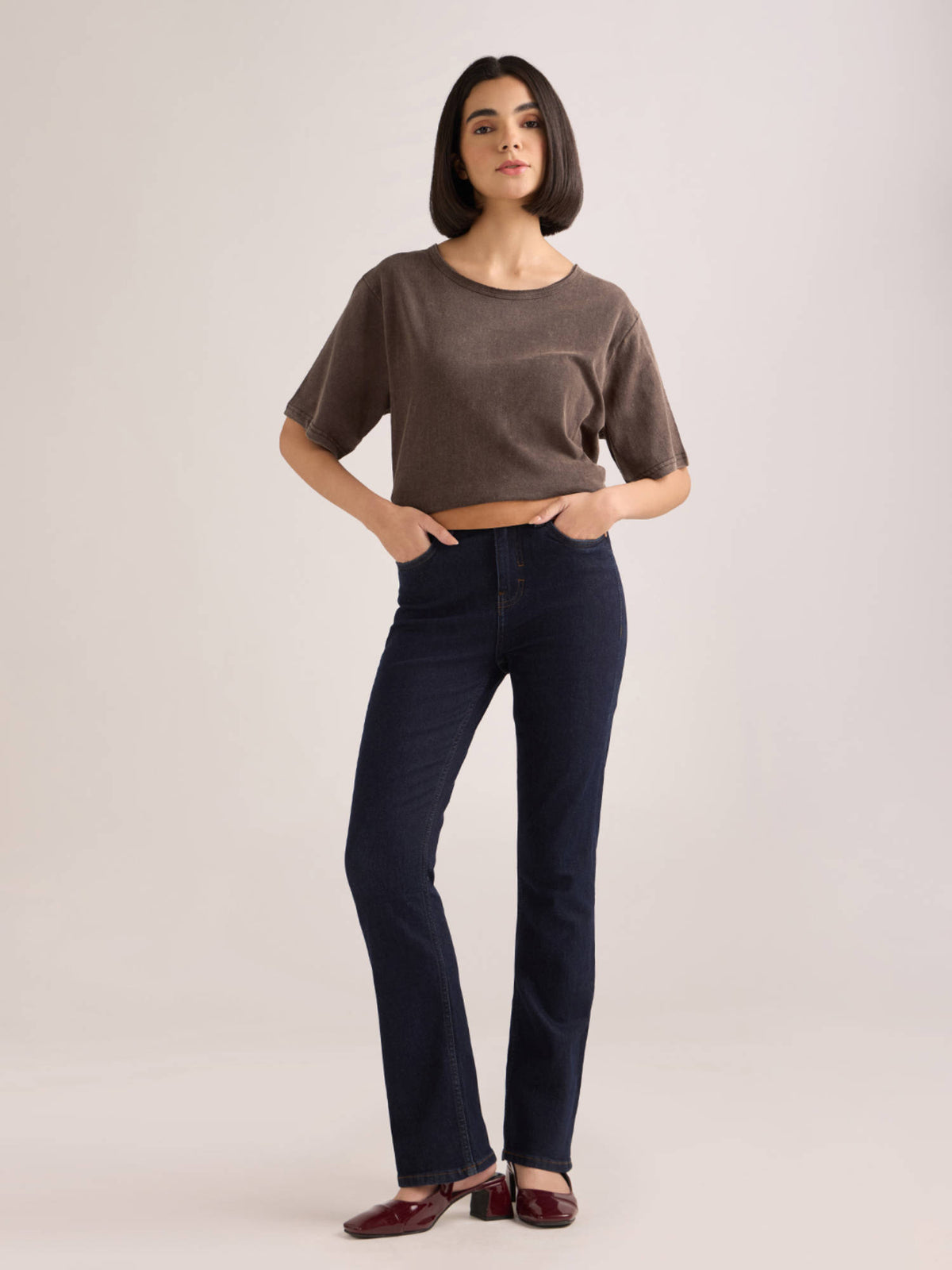 Women's Brown Solid Oversized Slub Jersey Acid Washed Boat Neck T-shirt | TS56 - view 2