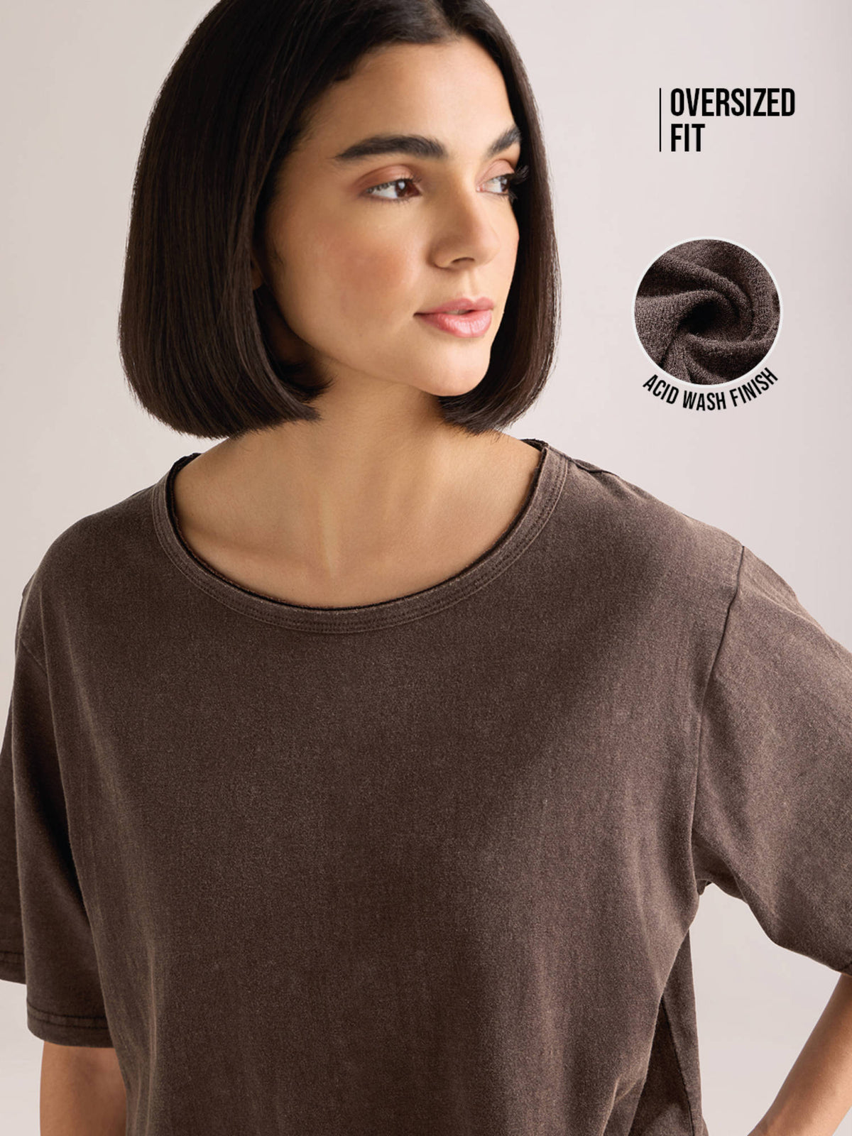Women's Brown Solid Oversized Slub Jersey Acid Washed Boat Neck T-shirt | TS56 - view 3
