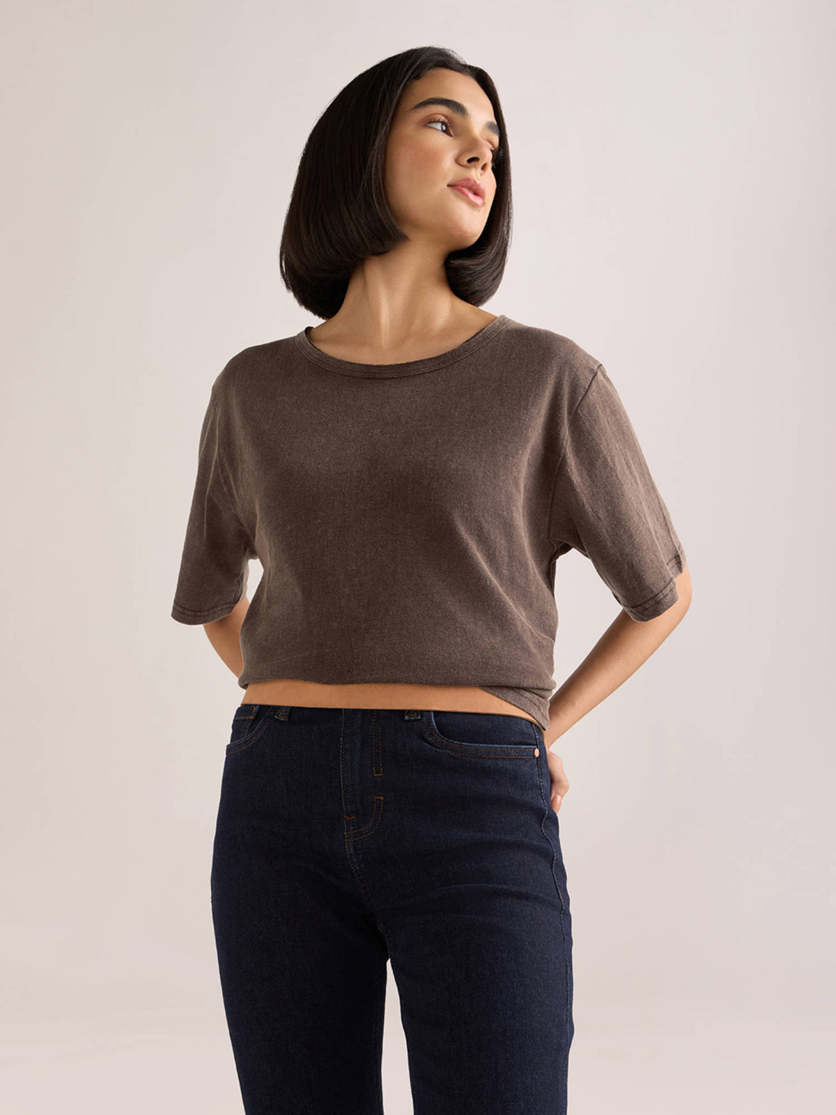 Women's Brown Solid Oversized Slub Jersey Acid Washed Boat Neck T-shirt | TS56 - view 4