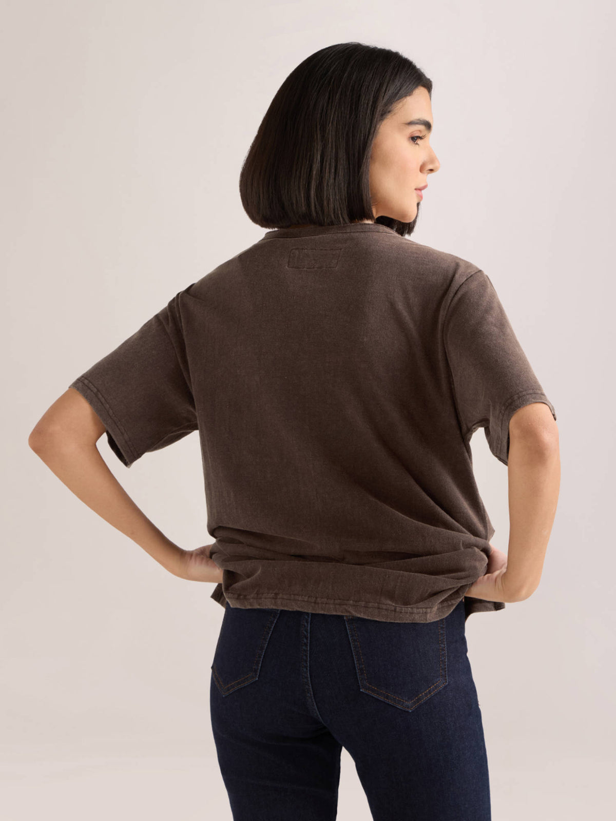 Women's Brown Solid Oversized Slub Jersey Acid Washed Boat Neck T-shirt | TS56 - view 5