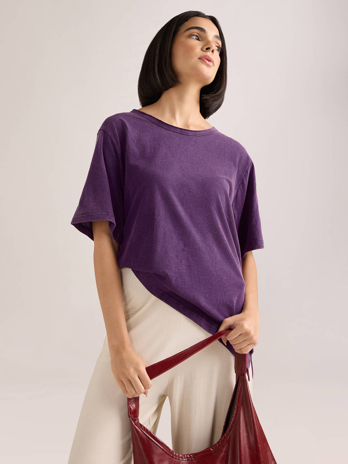 Women's Brown Solid Oversized Slub Jersey Acid Washed Boat Neck T-shirt | TS56 - view 8