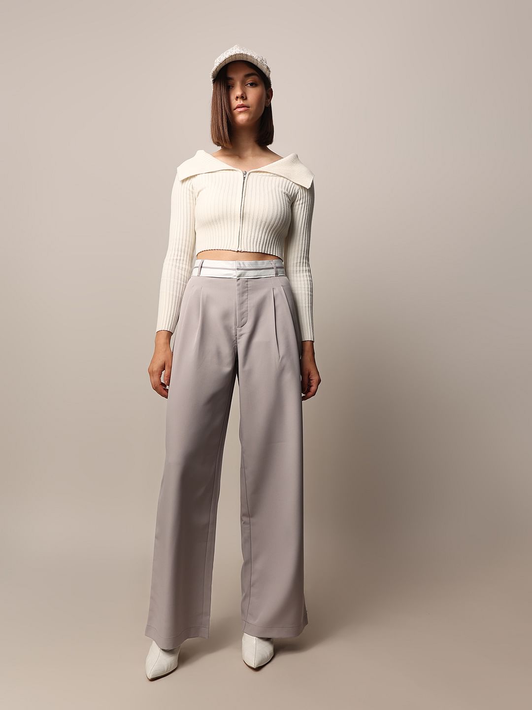 Grey High Rise Tailored Wide Leg Pants