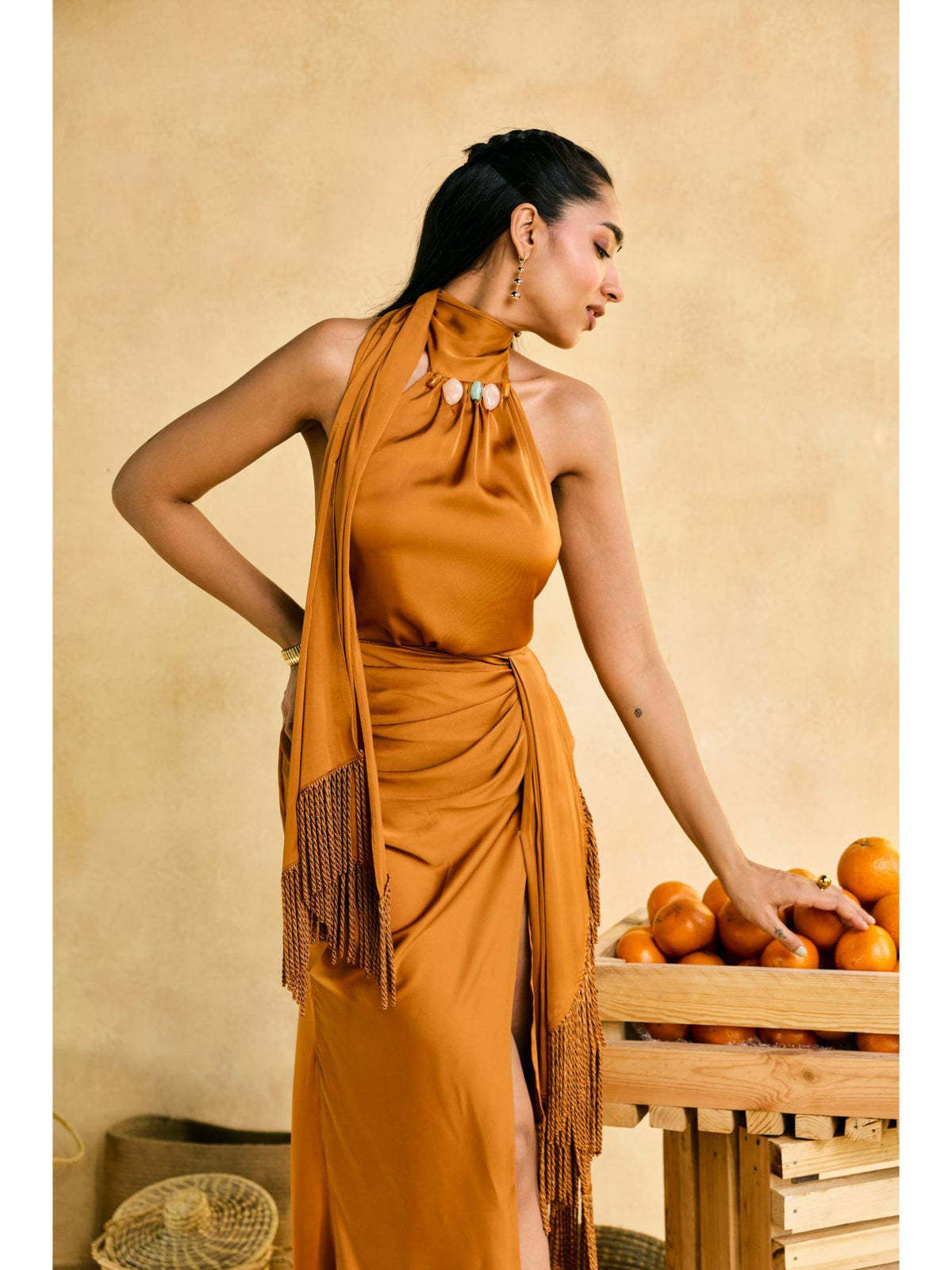 Kinnow Mustard Beaded Scarf Tassel Halter Top | HT67 - view 7