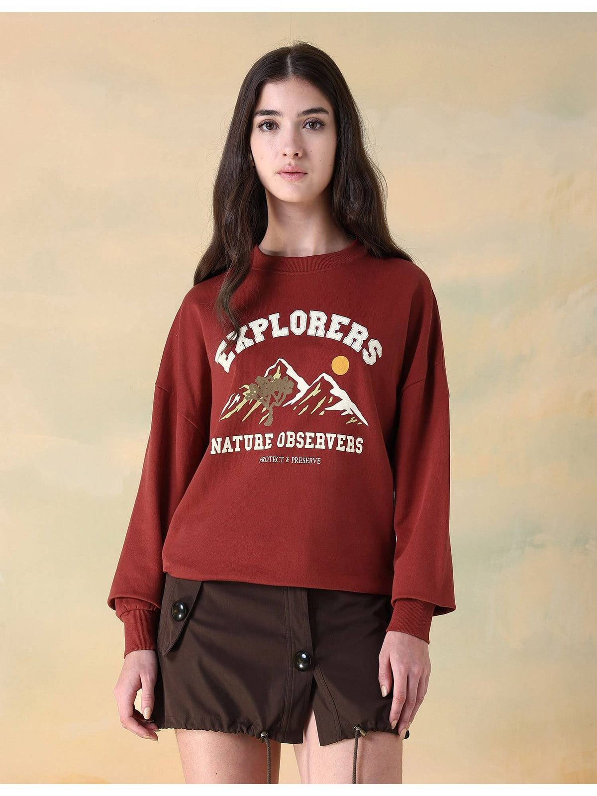 Women Red Cotton Graphic Sweatshirt | HD56 - view 1