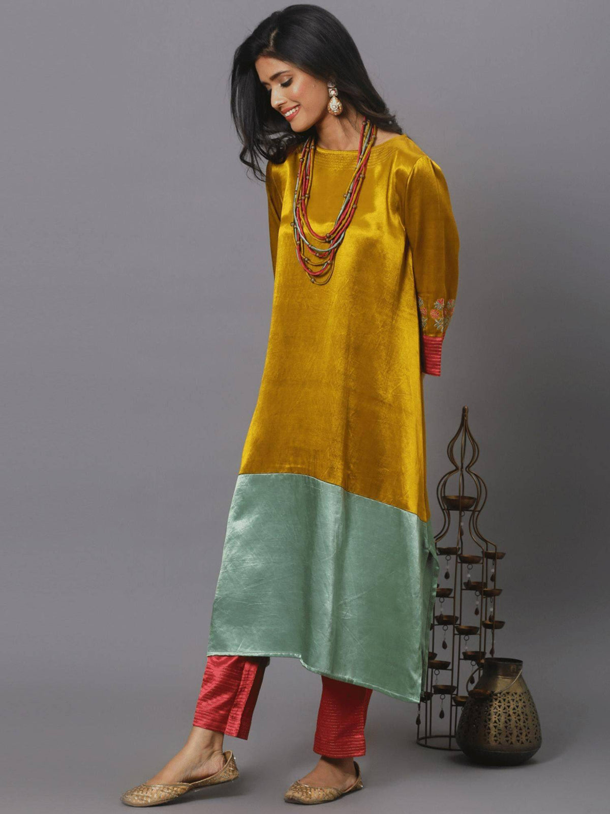 Color Block Mashru Silk Embroidered Sleeves Kurta | KDG - view 8