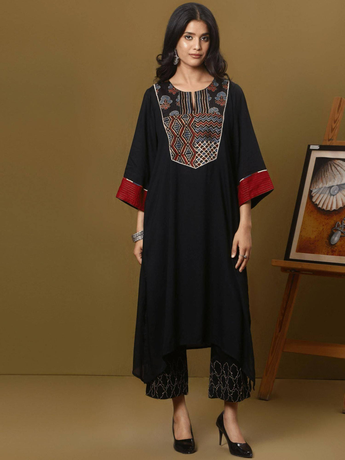 Black Cotton Modal Ajrakh Yoke Detailing Kurta | KDG - view 1