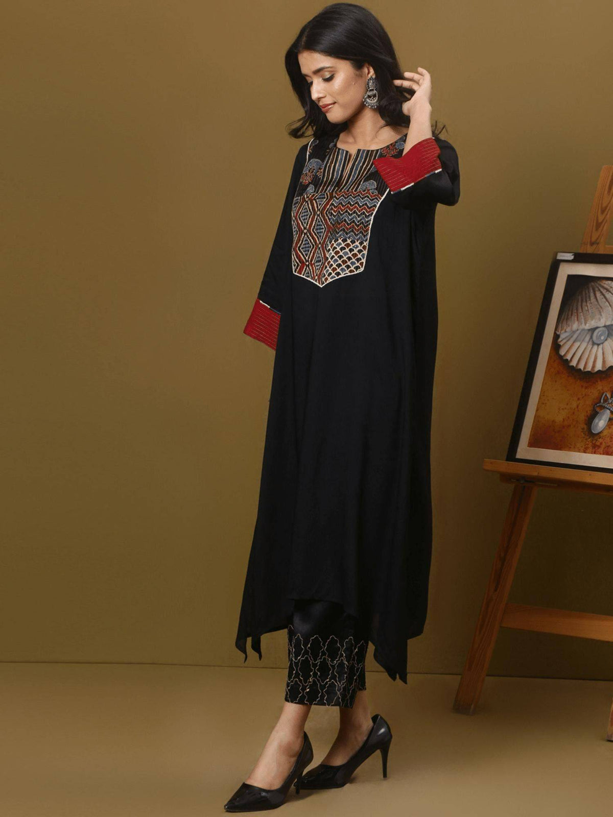 Black Cotton Modal Ajrakh Yoke Detailing Kurta | KDG - view 2