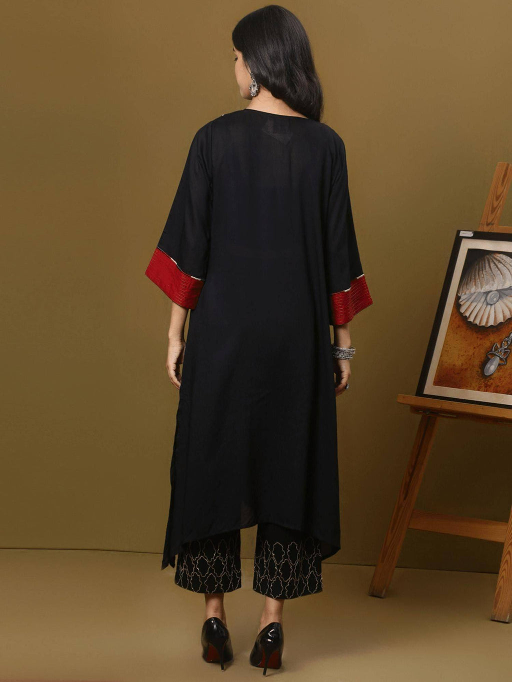 Black Cotton Modal Ajrakh Yoke Detailing Kurta | KDG - view 3