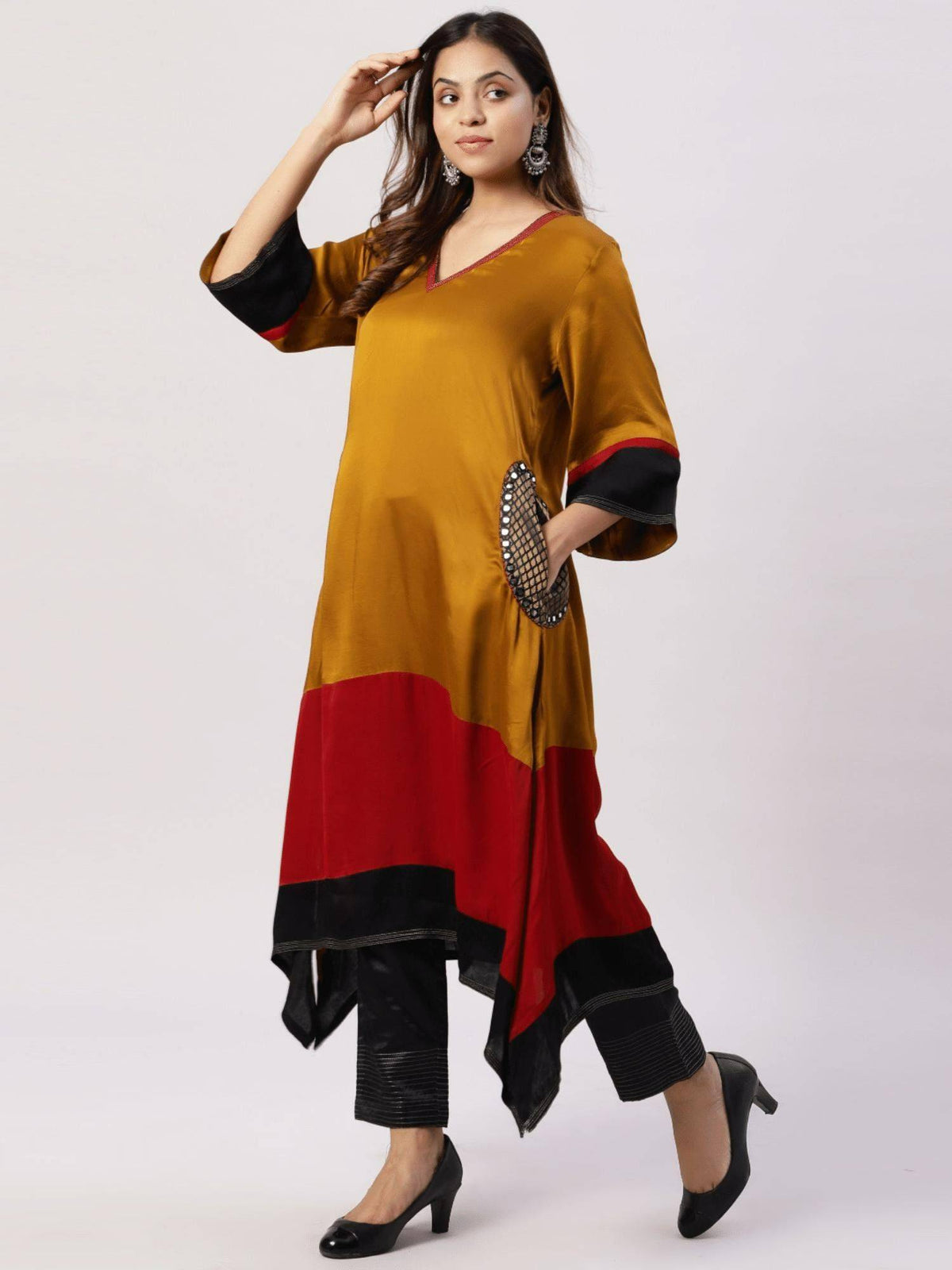 Modal Silk Color Block Brocade Pockets Kurta | FY93 - view 2