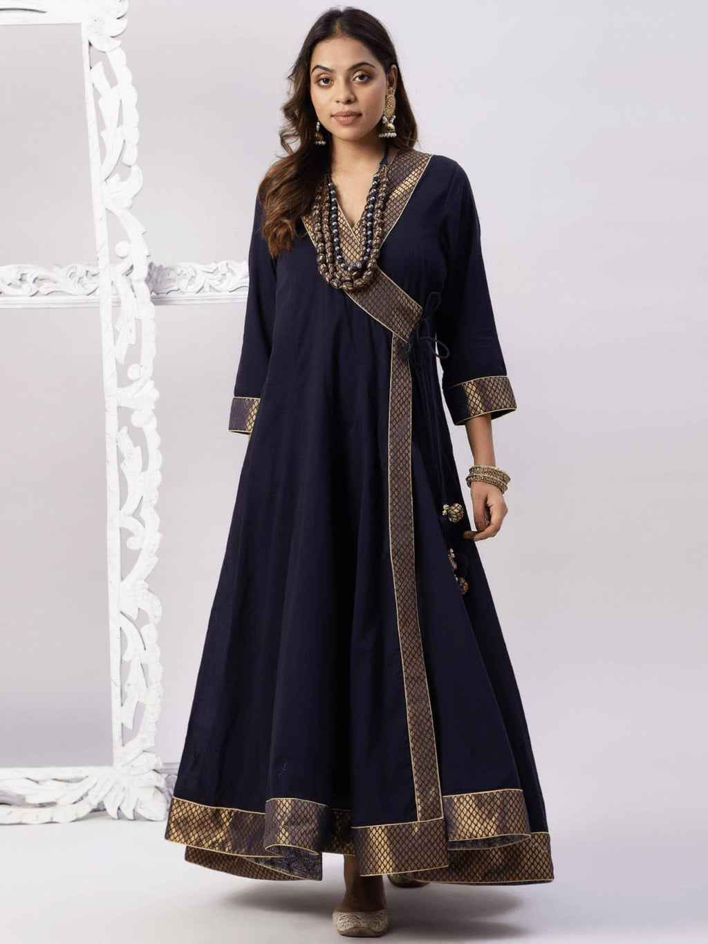 Cotton Mulmul Floor Length Full Ghera Angarkha Brocade and Zari Detailing Kurta | U3S - view 1