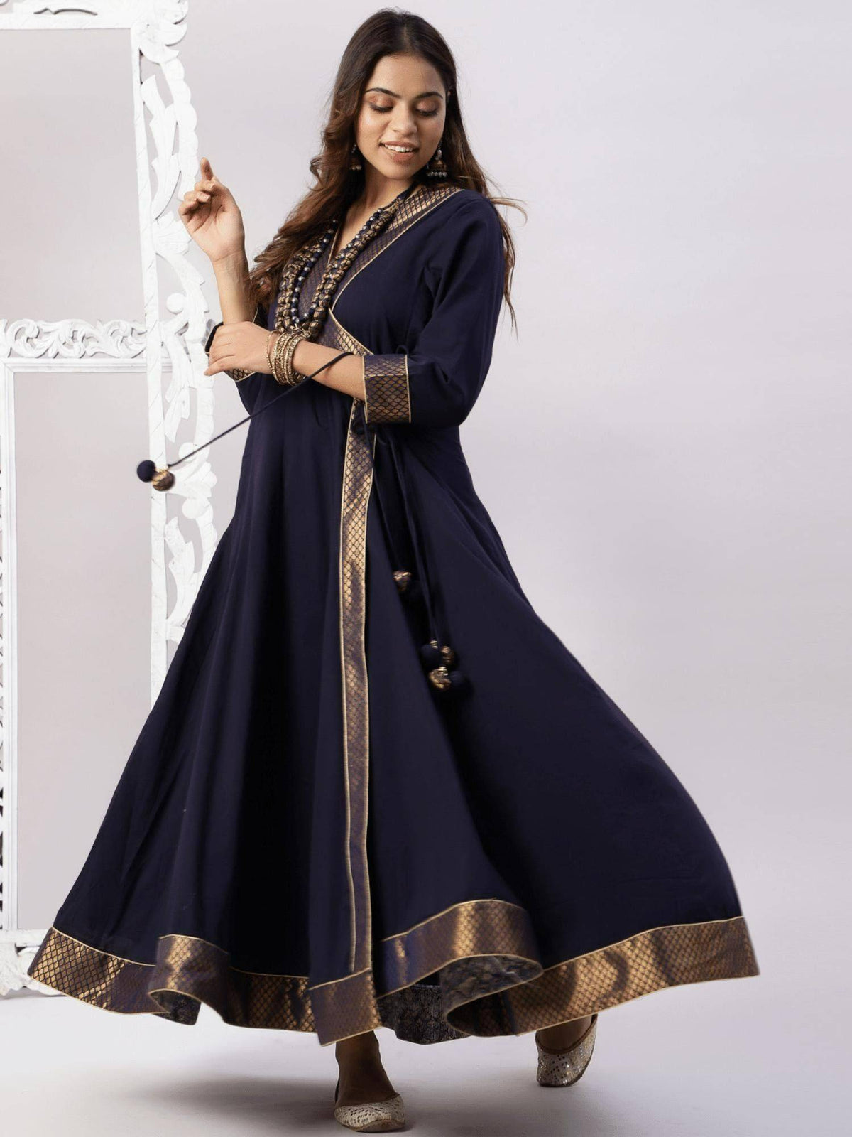 Cotton Mulmul Floor Length Full Ghera Angarkha Brocade and Zari Detailing Kurta | U3S - view 2