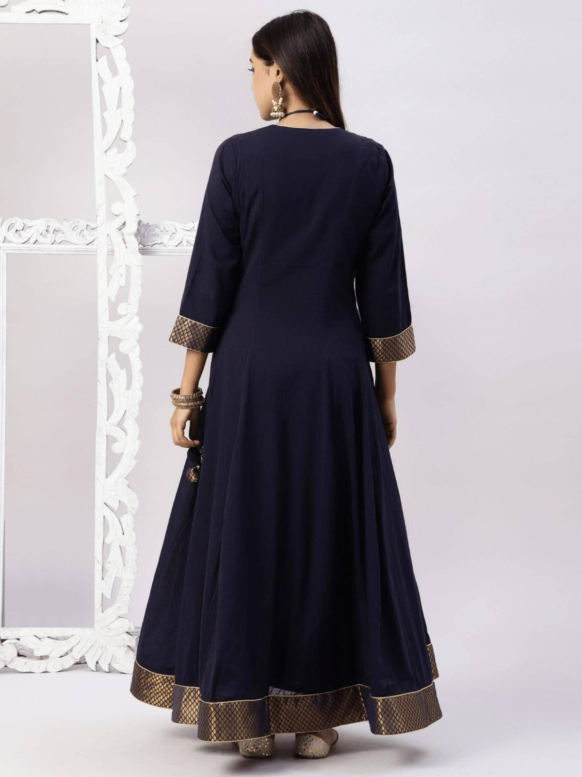 Cotton Mulmul Floor Length Full Ghera Angarkha Brocade and Zari Detailing Kurta | U3S - view 3