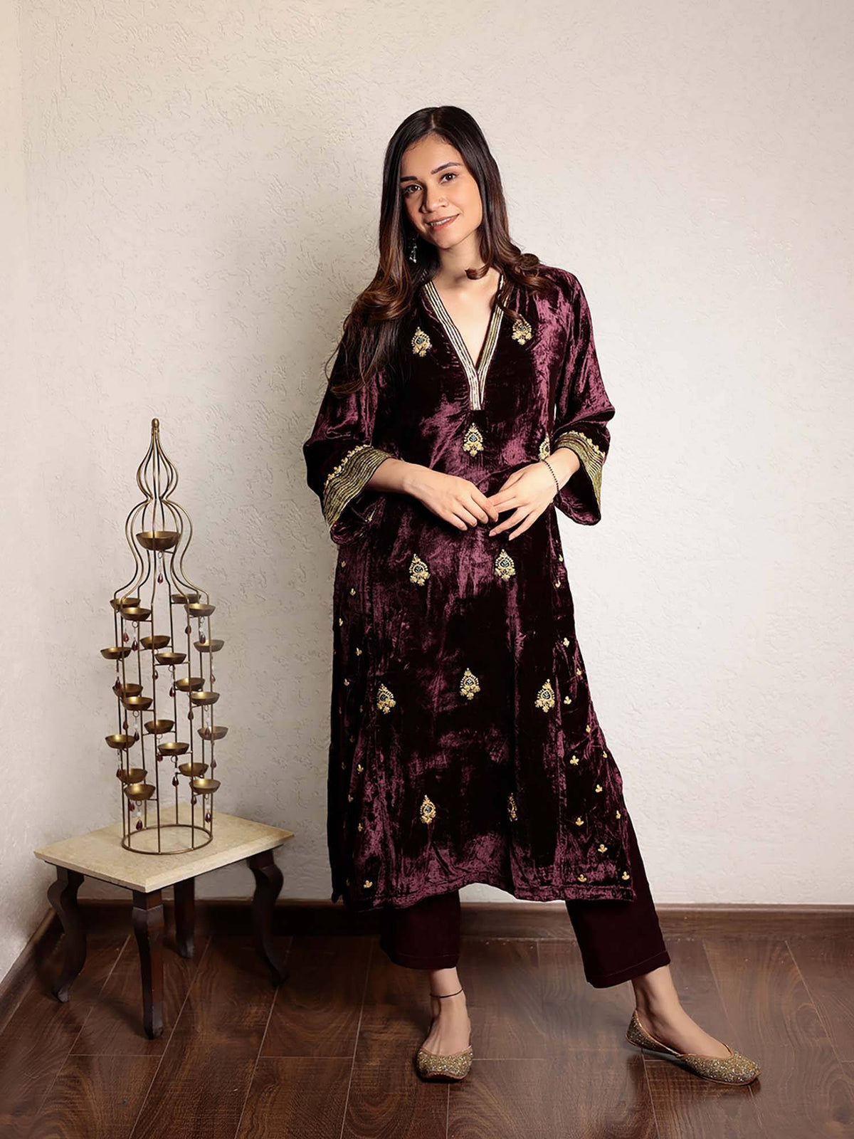 Wine Embroidered V-Neck Velvet Kurta | U3S - view 1