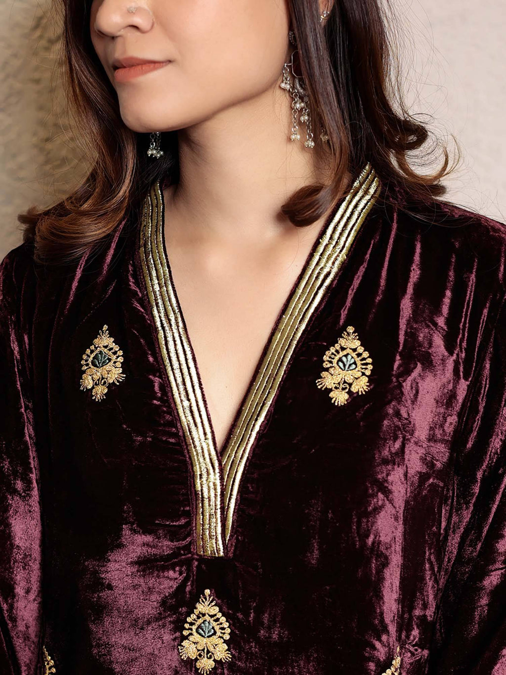 Wine Embroidered V-Neck Velvet Kurta | U3S - view 3