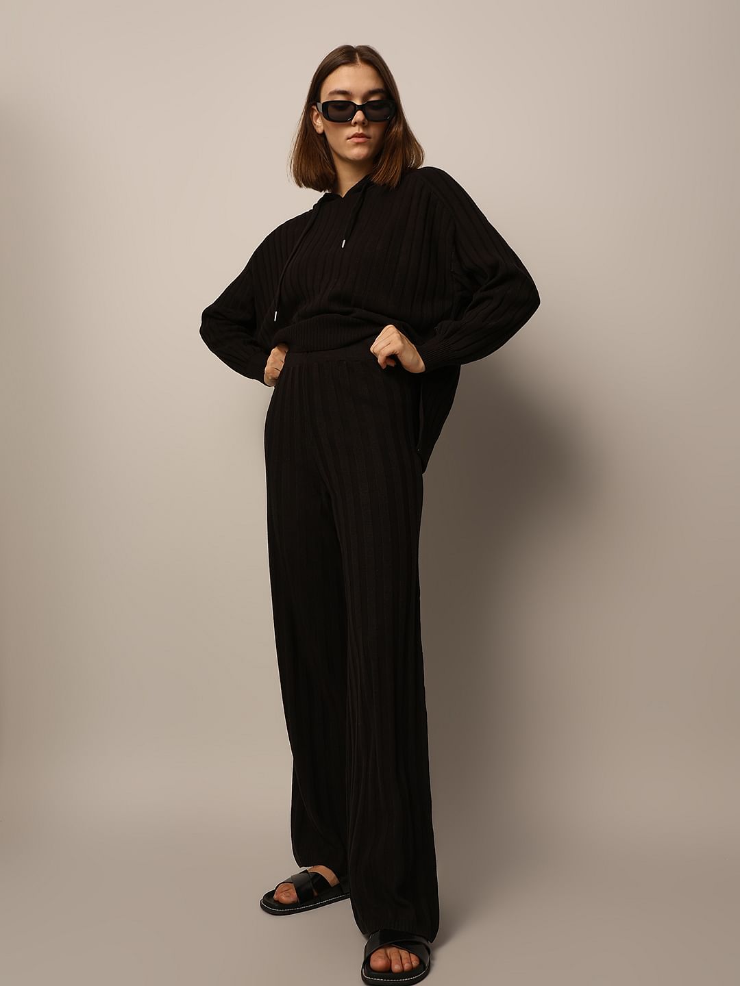 Black Rib-Knit Co-Ord Set Pants