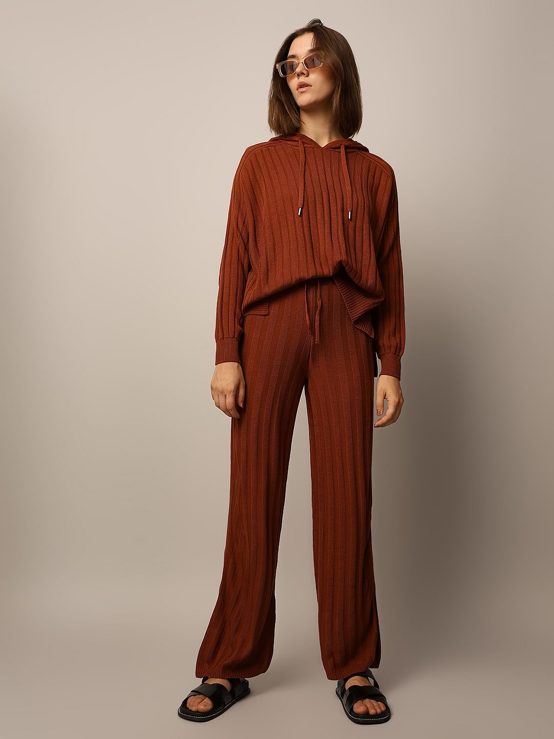 Brown Rib-Knit Co-Ord Set Pants
