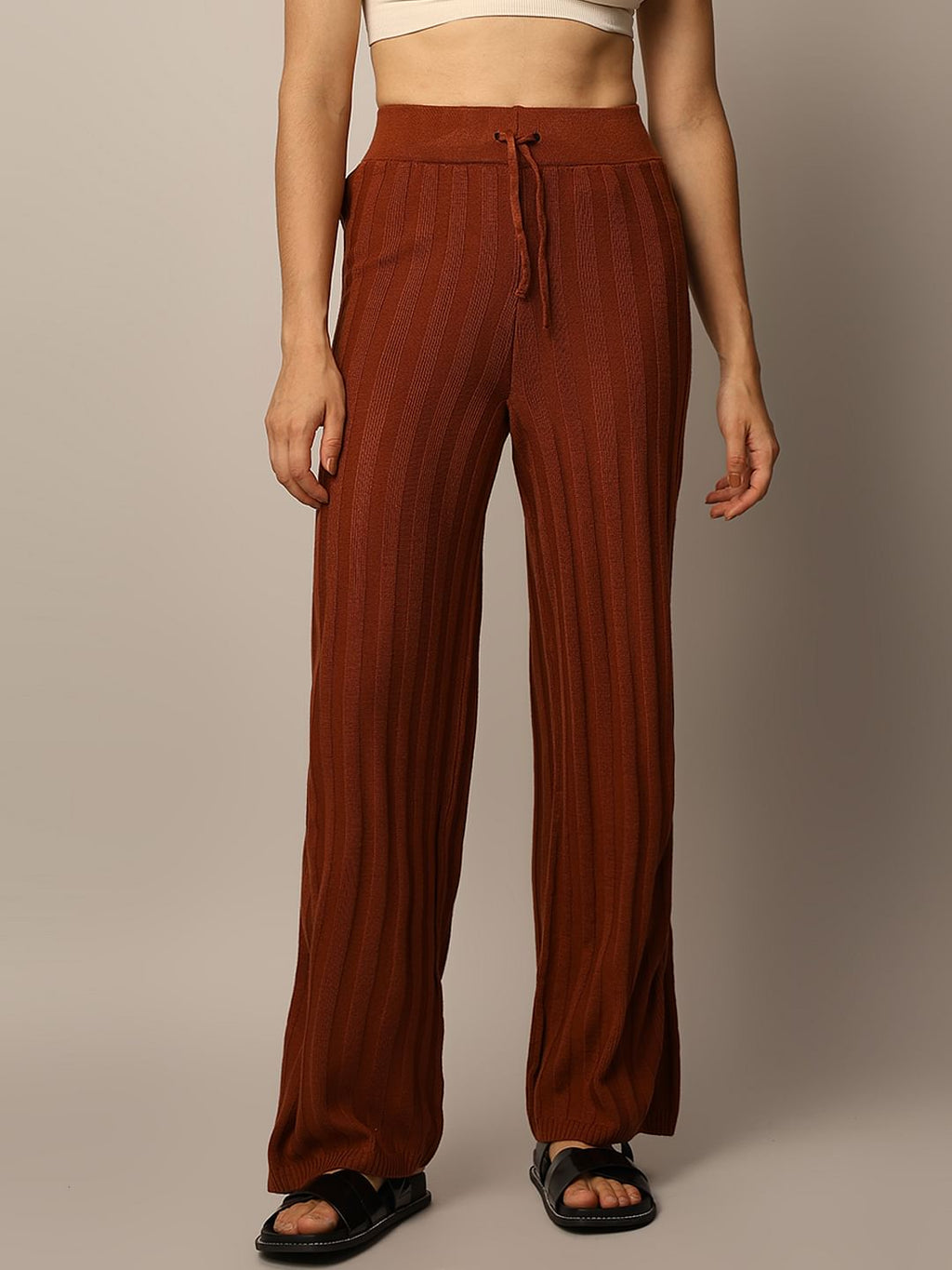 Brown Rib-Knit Co-Ord Set Pants