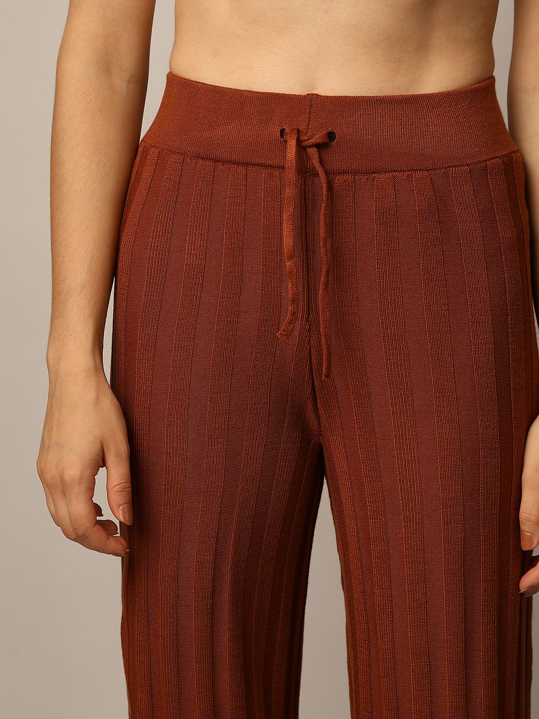 Brown Rib-Knit Co-Ord Set Pants