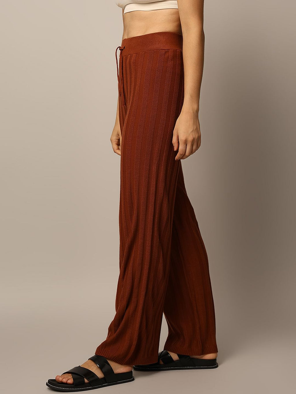 Brown Rib-Knit Co-Ord Set Pants