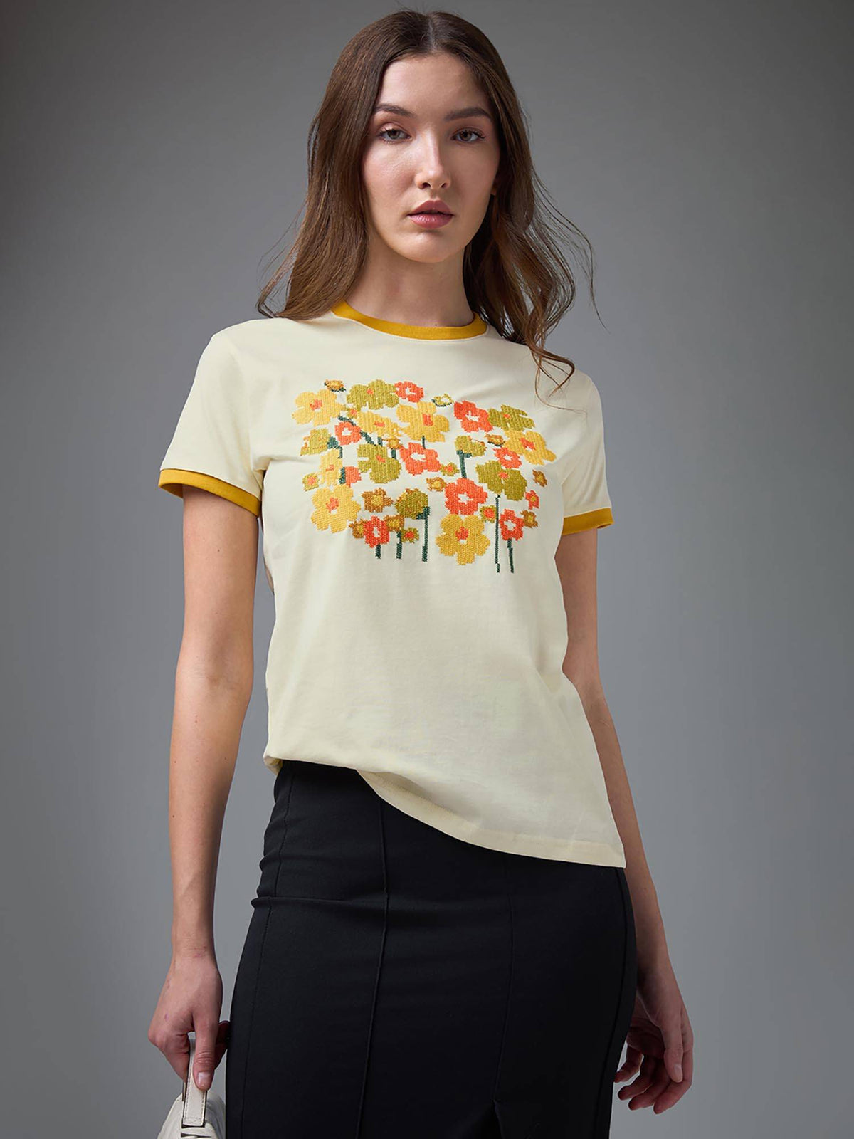 Women Off White Cotton Half Sleeves T-Shirt | TS56 - view 1