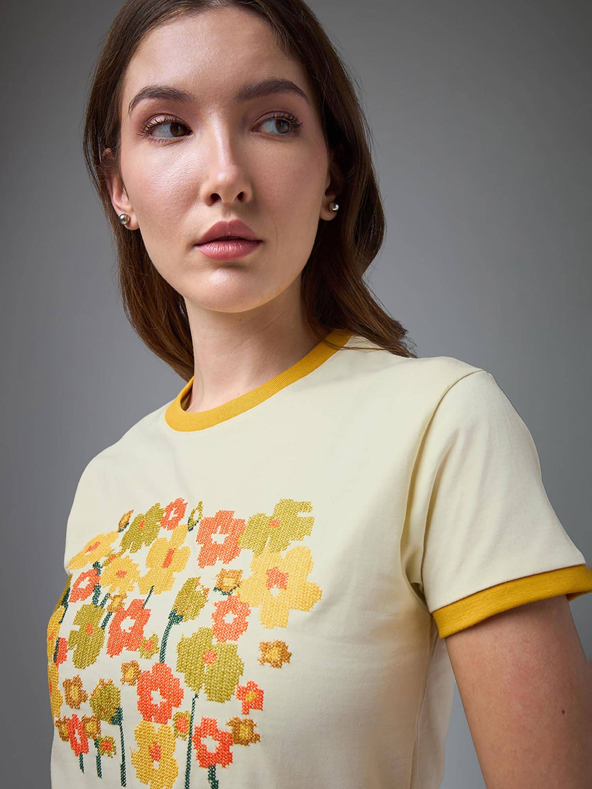 Women Off White Cotton Half Sleeves T-Shirt | TS56 - view 2
