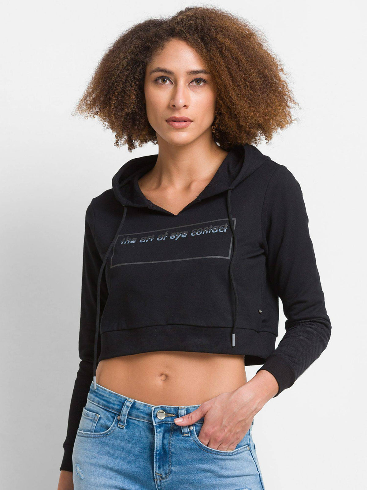 Black Cotton Blend Full Sleeve Hooded Sweatshirt For Women | HD56 - view 3