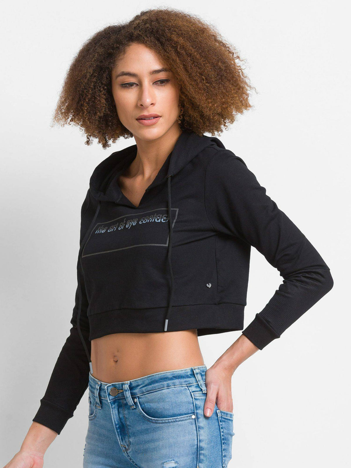 Black Cotton Blend Full Sleeve Hooded Sweatshirt For Women | HD56 - view 4