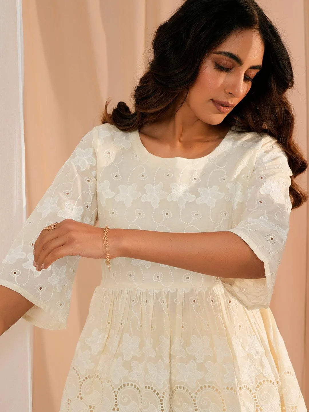 Libas Zoya Off White Embroidered Cotton A-Line Kurti P23